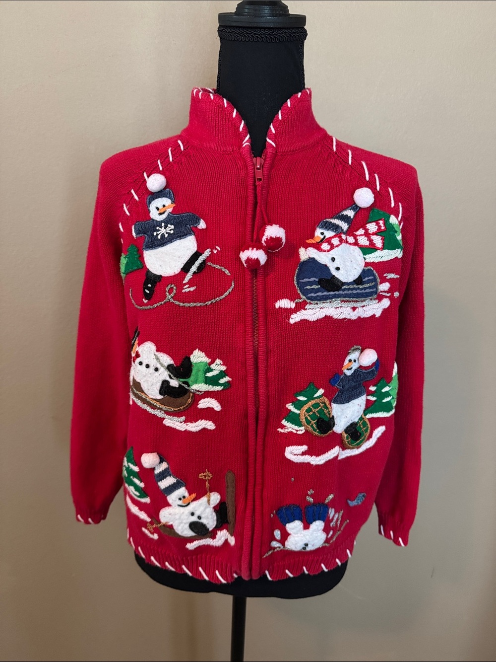Tiara vintage Red Zip-Up Holiday Snowman Cardigan Sweater S